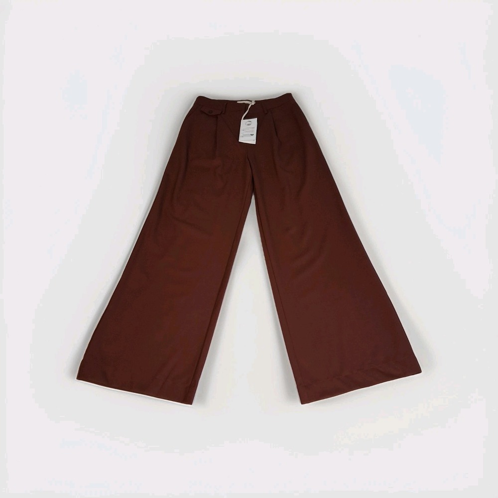 Thinking Mu Coffee Pat Pants Pleat Front Wide Leg Wool‎ Blend Sustainable Sz 36
